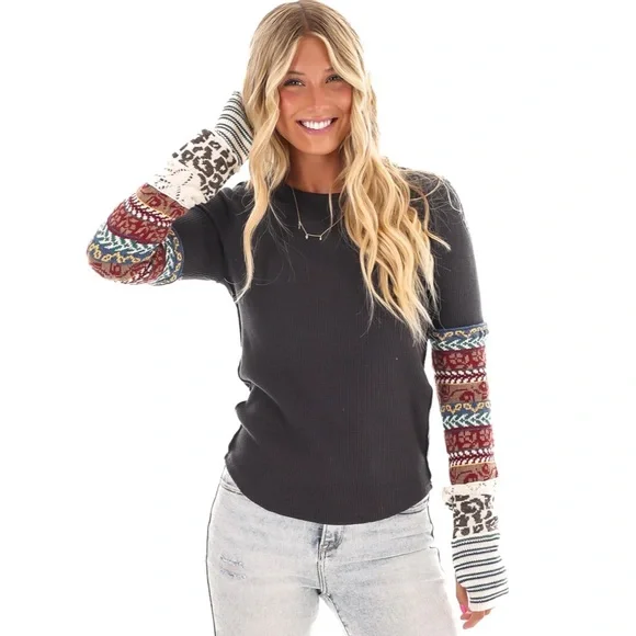 FREE PEOPLE All In Cuff Long Sleeve Top, Washed Black Combo, Size Large - Picture 1 of 6